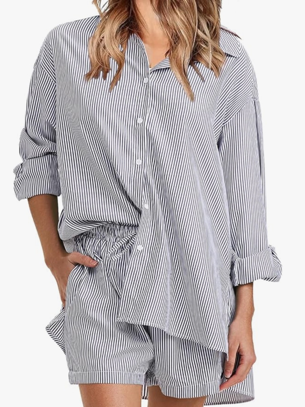 Striped Button-Down 2 Piece Set - Gray & White. S top, M bottom